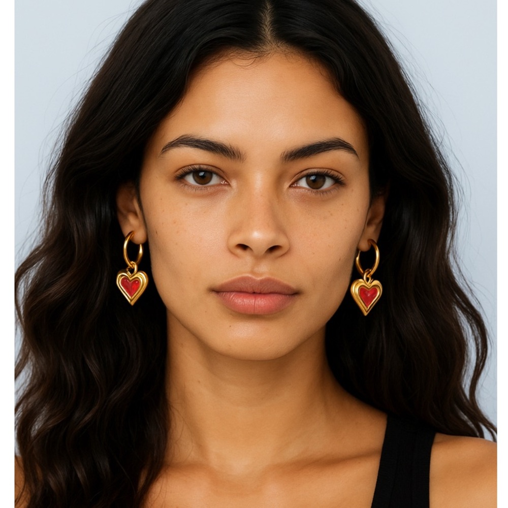 Gold and Red Heart Hoop Earrings